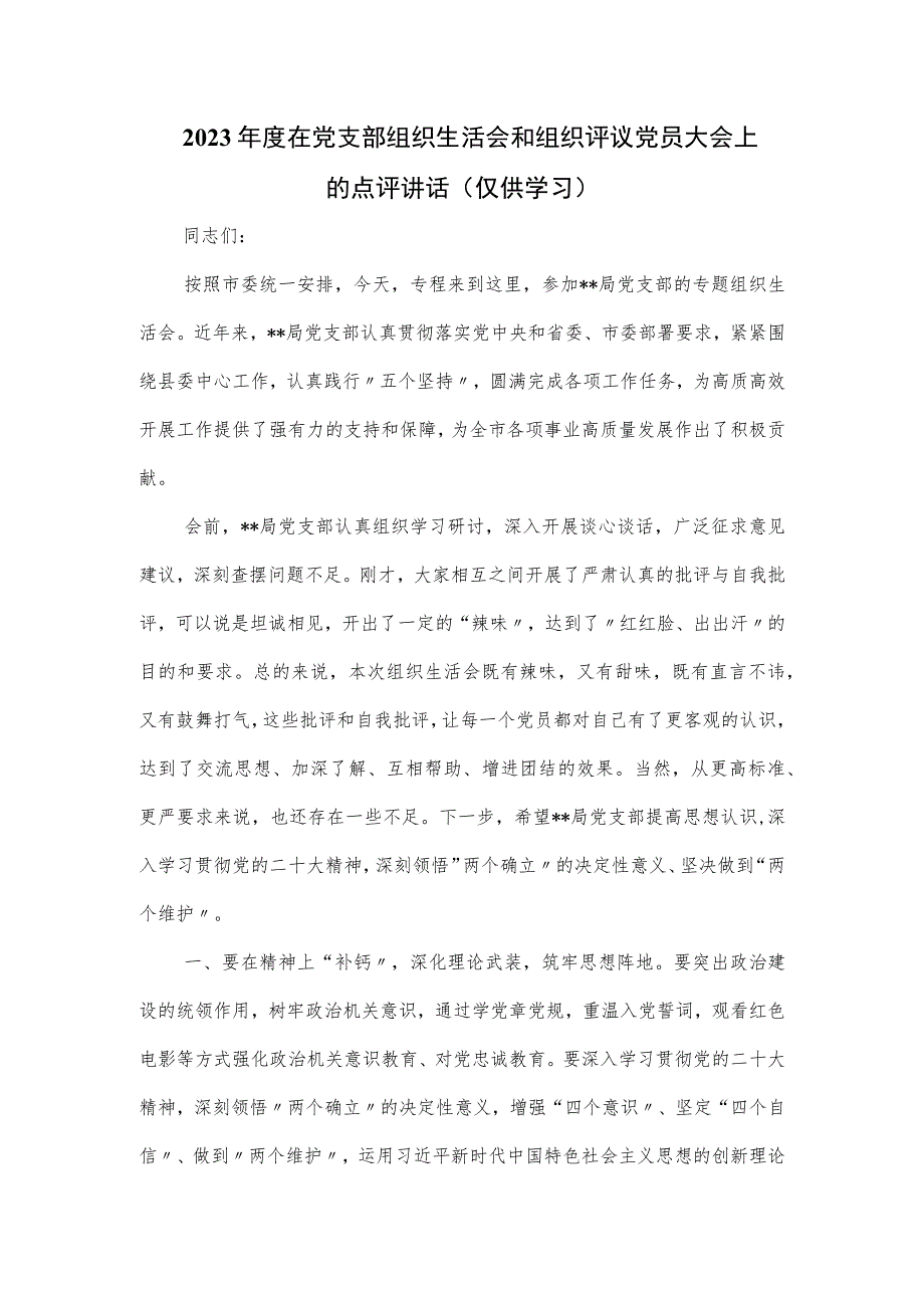 2023年度在党支部组织生活会和组织评议党员大会上的点评讲话.docx_第1页