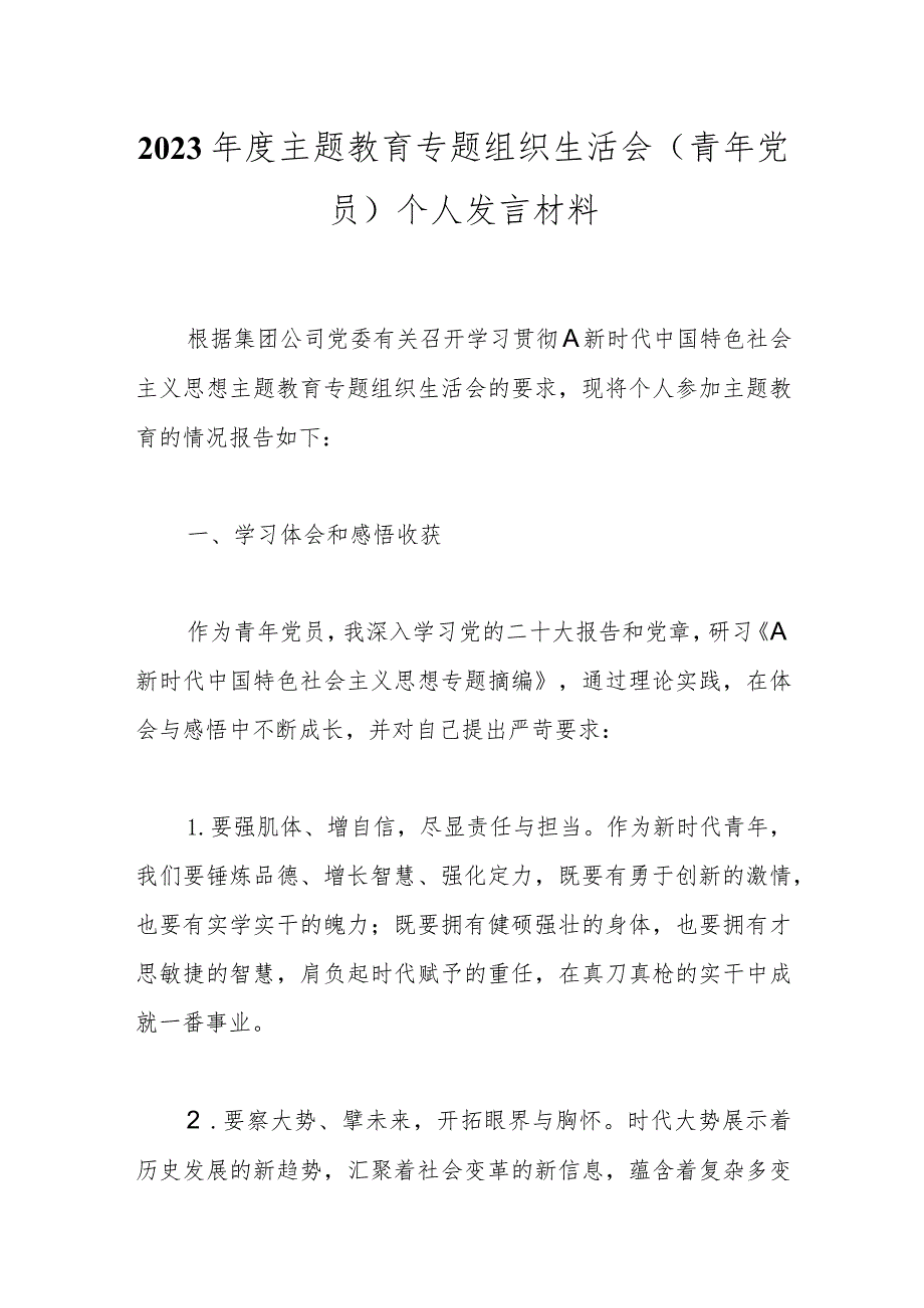 2023年度主题教育专题组织生活会（青年党员）个人发言材料.docx_第1页