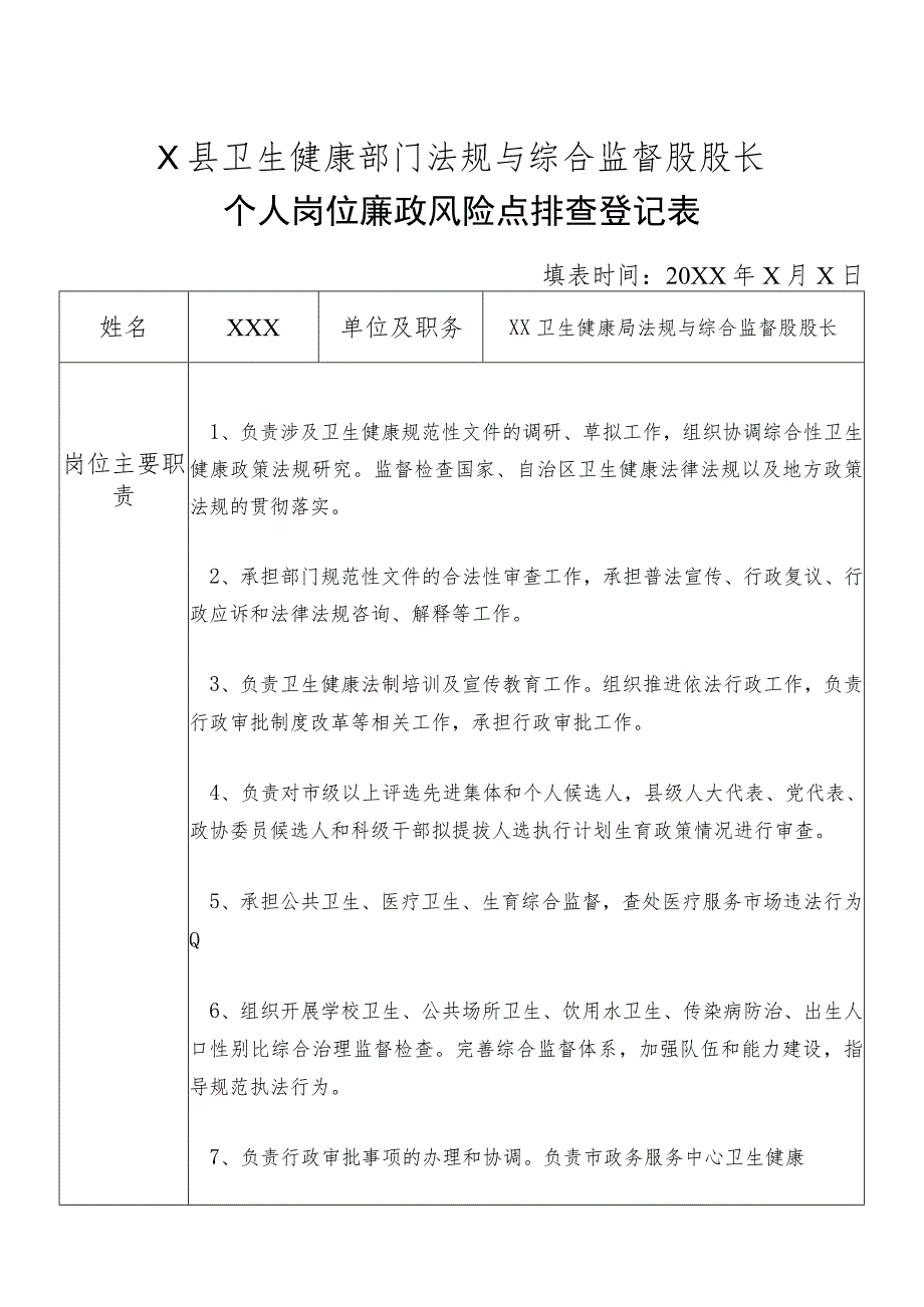 X县卫生健康部门法规与综合监督股股长个人岗位廉政风险点排查登记表.docx_第1页