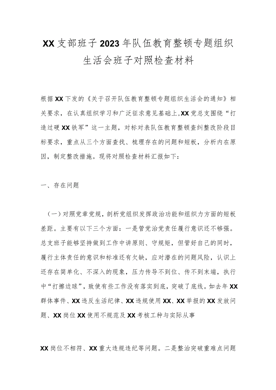 XX支部班子2023年队伍教育整顿专题组织生活会班子对照检查材料.docx_第1页