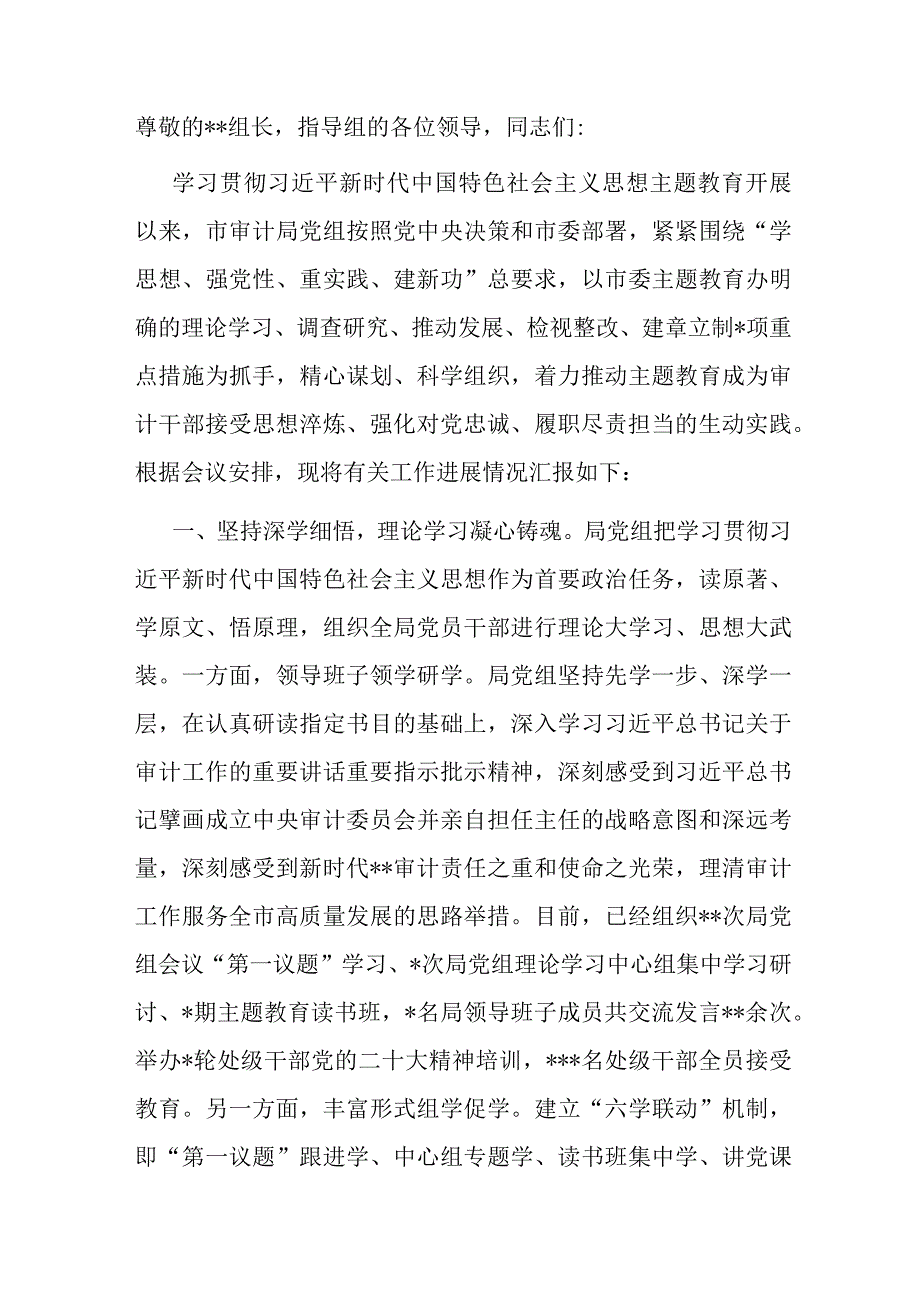 审计局在巡回指导组主题教育总结评估座谈会上的汇报发言.docx_第1页