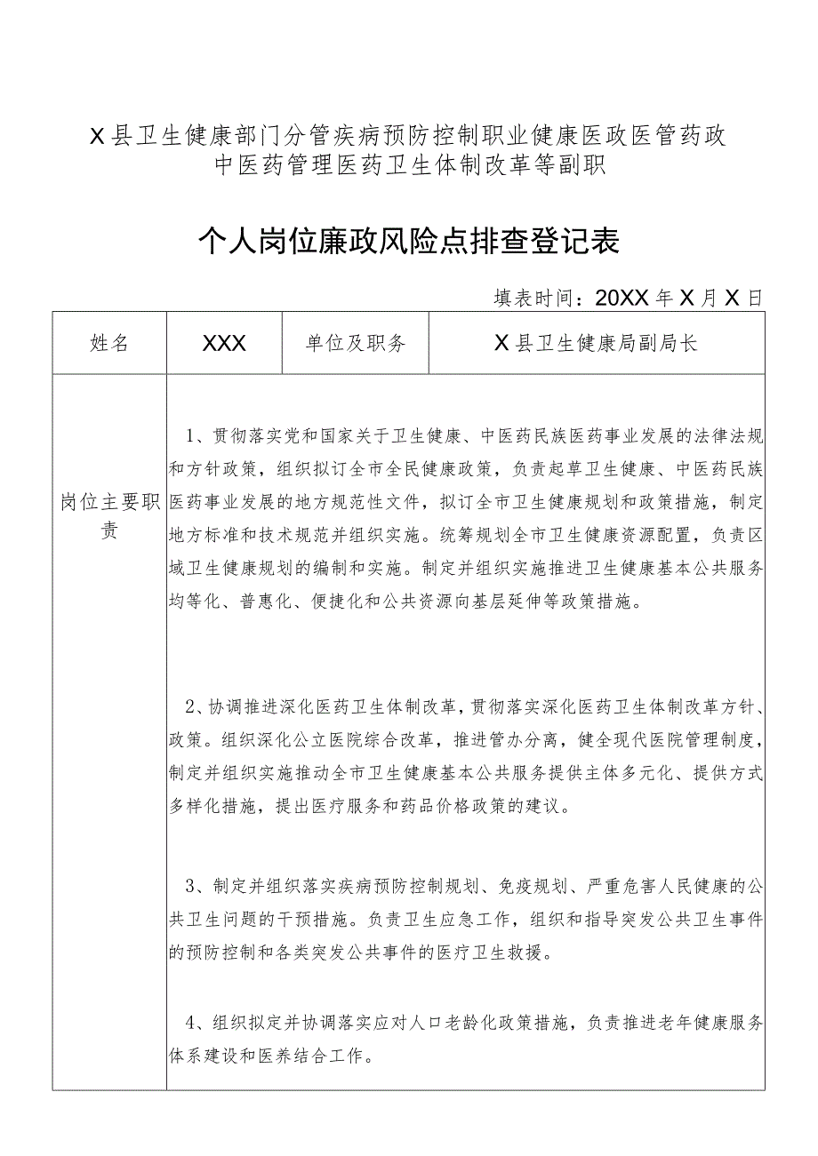 某县卫生健康部门分管疾病预防控制职业健康医政医管药政中医药管理医药卫生体制改革等副职个人岗位廉政风险点排查登记表.docx_第1页