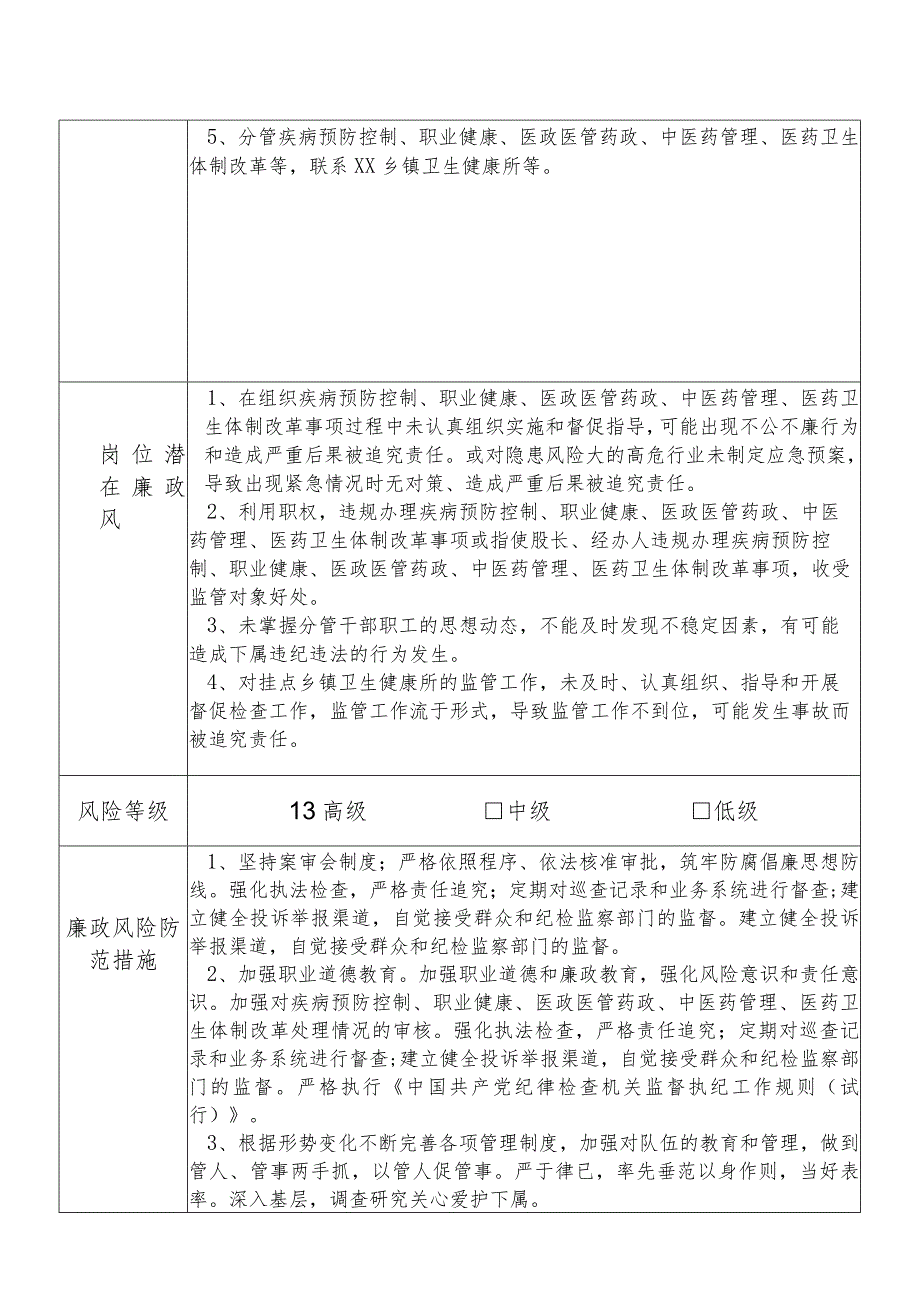 某县卫生健康部门分管疾病预防控制职业健康医政医管药政中医药管理医药卫生体制改革等副职个人岗位廉政风险点排查登记表.docx_第2页