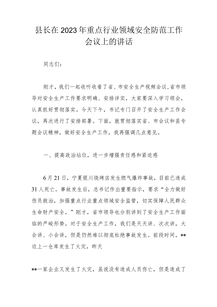 县长在2023年重点行业领域安全防范工作会议上的讲话.docx_第1页