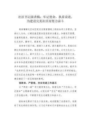 社区书记演讲稿：牢记使命执着奋进为建设完美社区而努力奋斗.docx