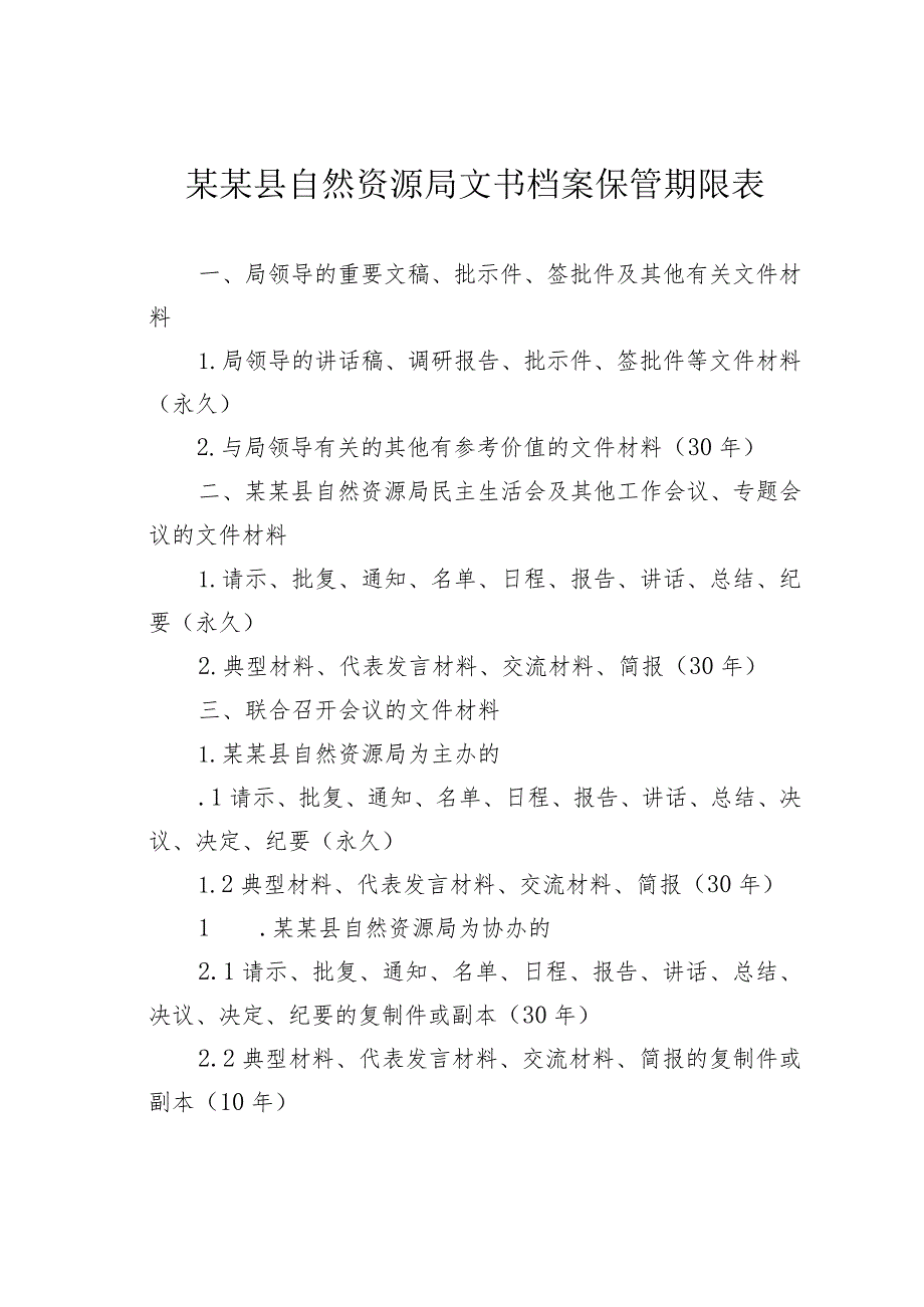 某某县自然资源局文书档案保管期限表.docx_第1页