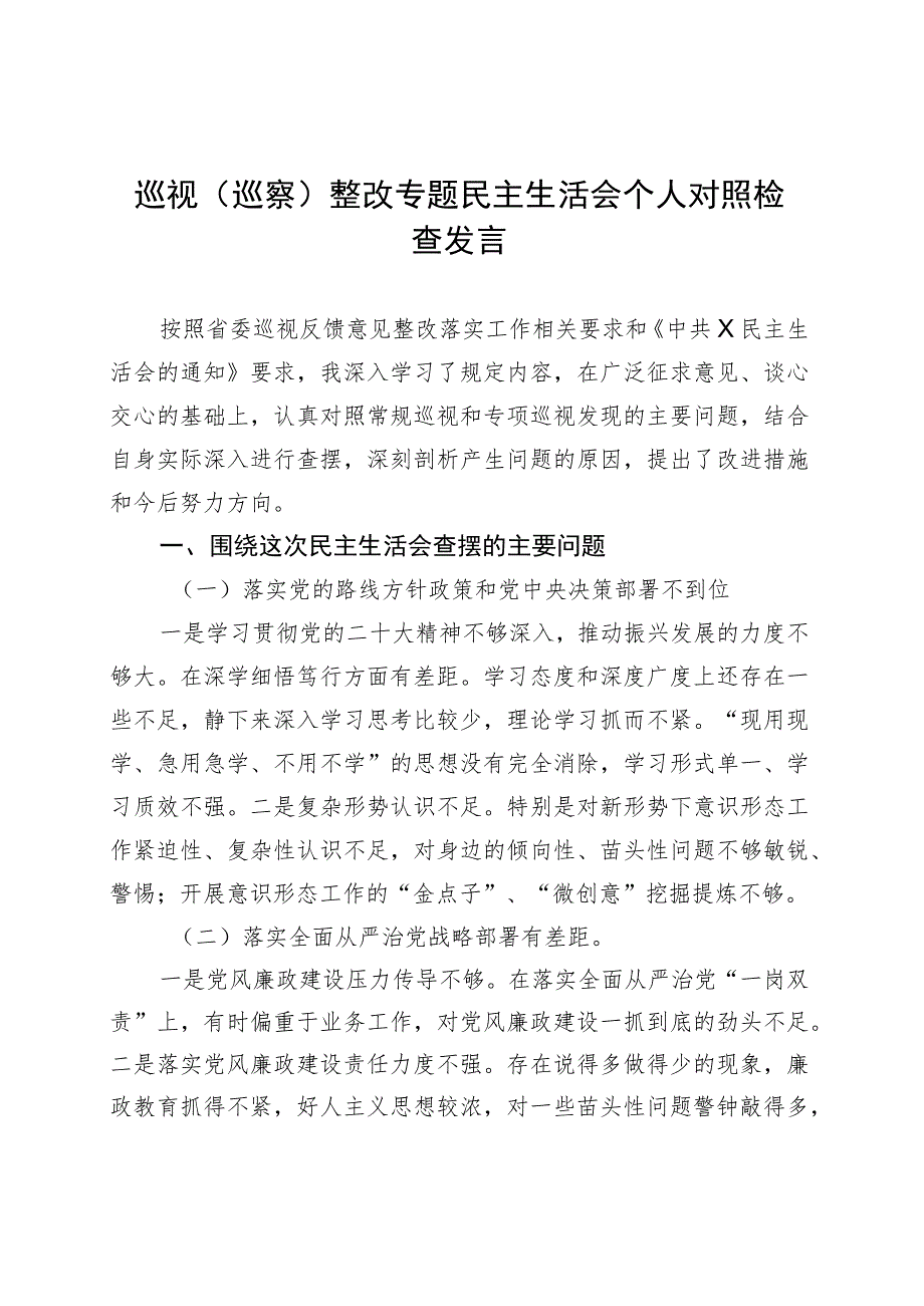 巡视（巡察）整改专题民主生活会个人对照检查发言.docx_第1页