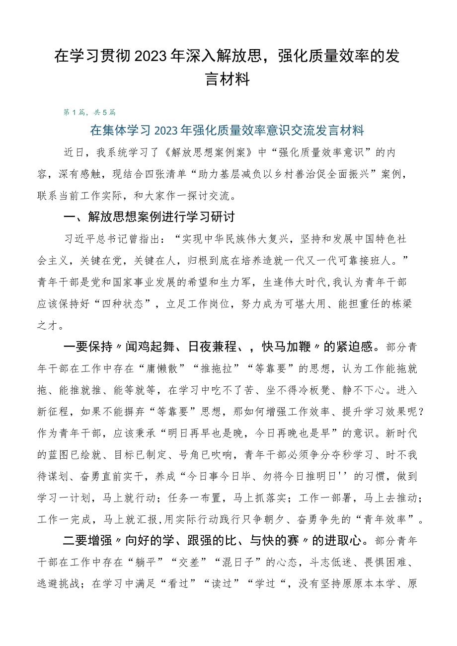 在学习贯彻2023年深入解放思强化质量效率的发言材料.docx_第1页