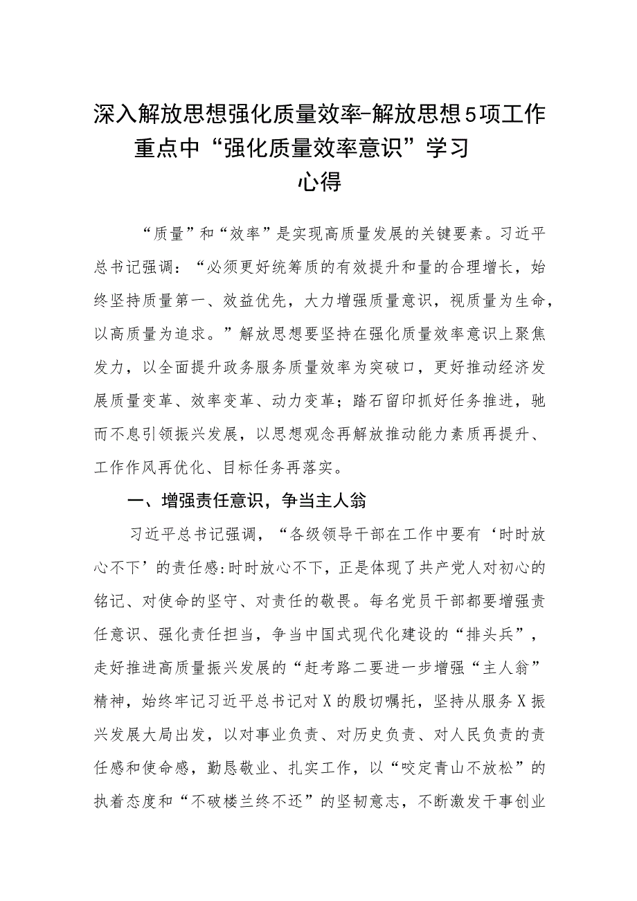 2023解放思想项工作重点中“强化质量效率意识”学习心得共8篇.docx_第1页