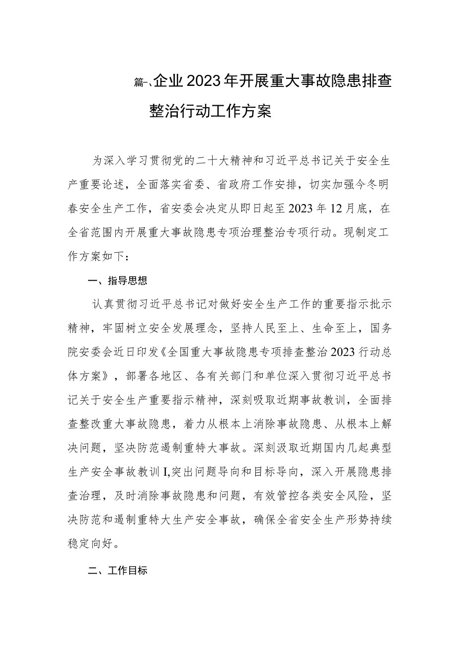 企业2023年开展重大事故隐患排查整治行动工作方案（共8篇）.docx_第2页