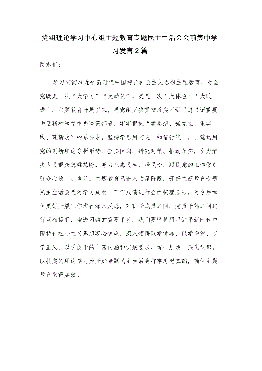 党组理论学习中心组主题教育专题民主生活会会前集中学习发言2篇.docx_第1页