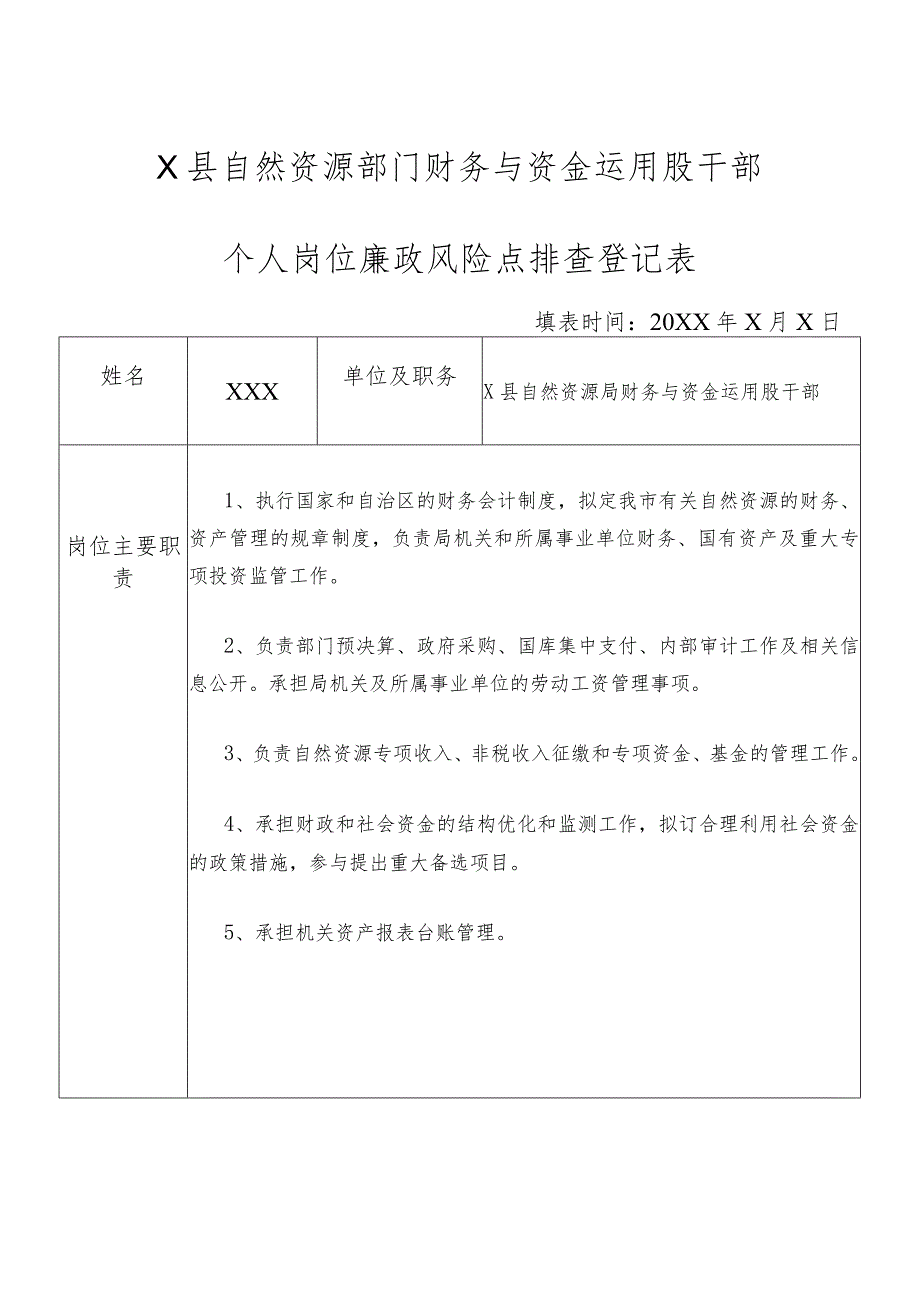 某县自然资源部门财务与资金运用股干部个人岗位廉政风险点排查登记表.docx_第1页