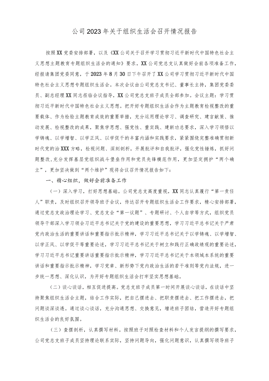 （2篇）公司2023年关于组织生活会召开情况报告+公司领导班子民主生活会召开情况报告.docx_第1页