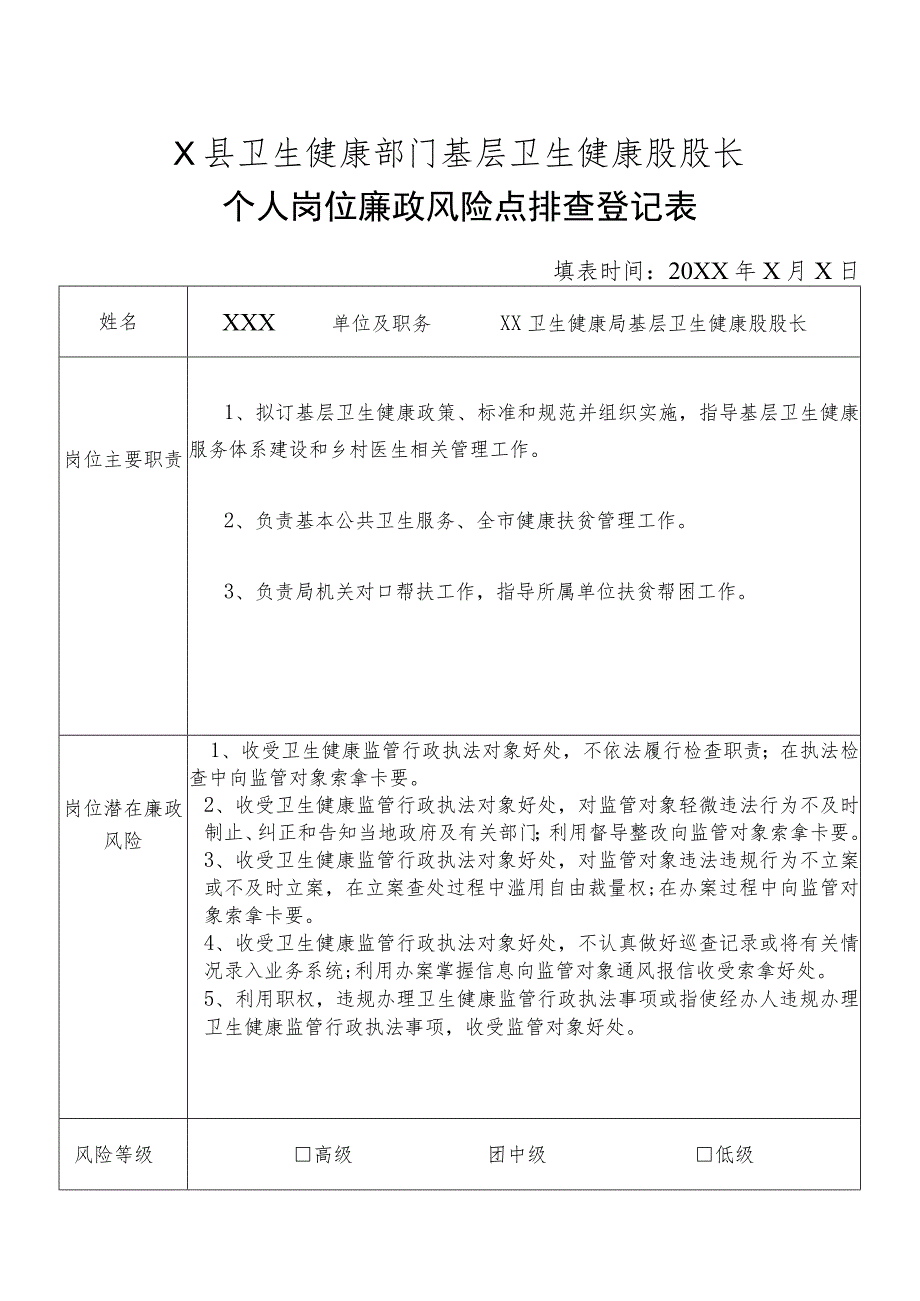 X县卫生健康部门基层卫生健康股股长个人岗位廉政风险点排查登记表.docx_第1页