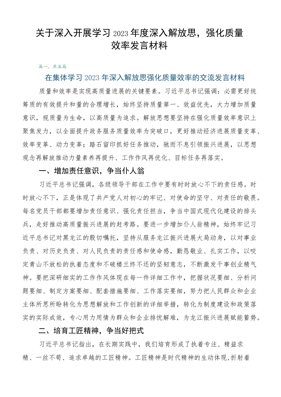 关于深入开展学习2023年度深入解放思强化质量效率发言材料.docx_第1页