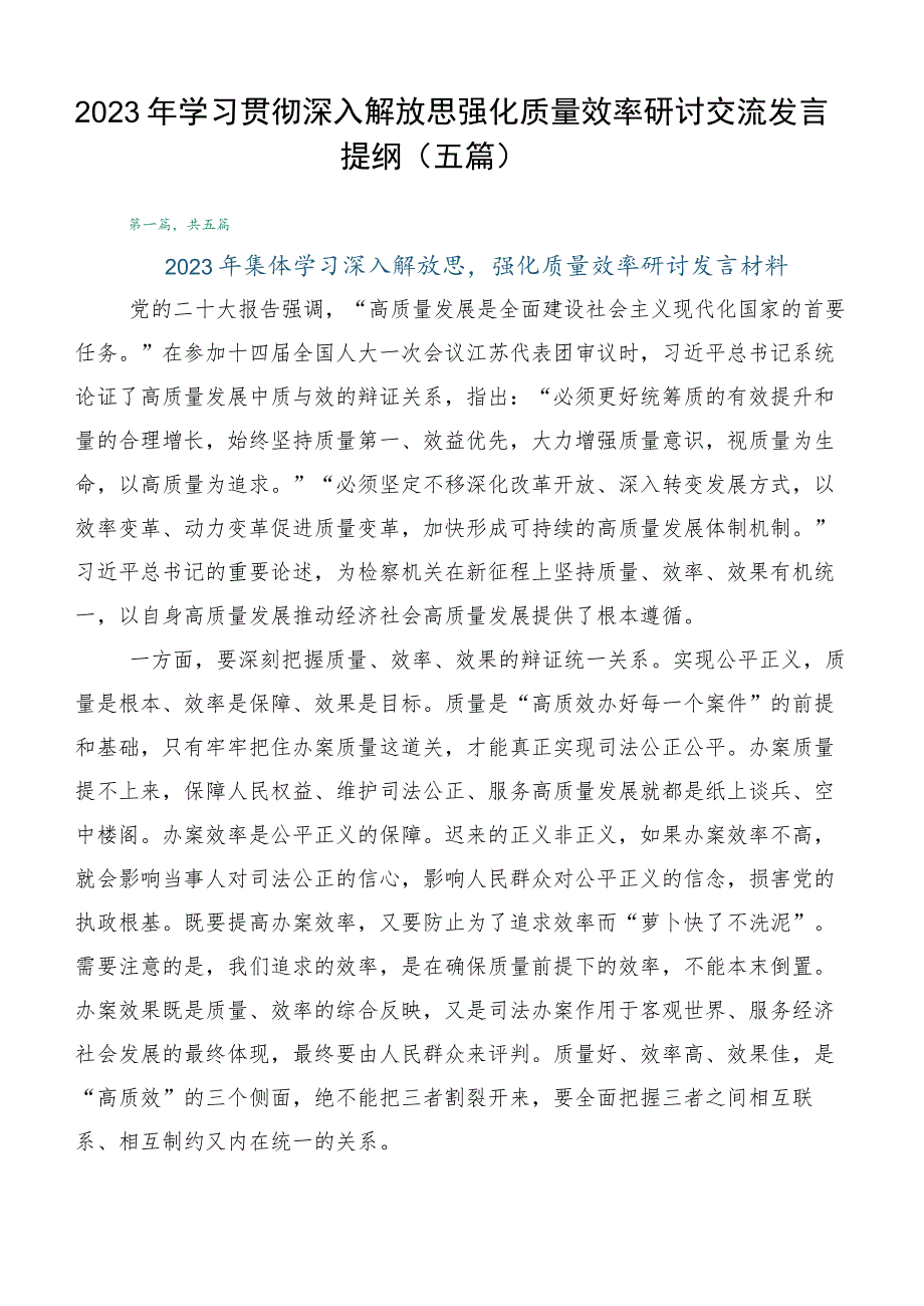 2023年学习贯彻深入解放思强化质量效率研讨交流发言提纲（五篇）.docx_第1页