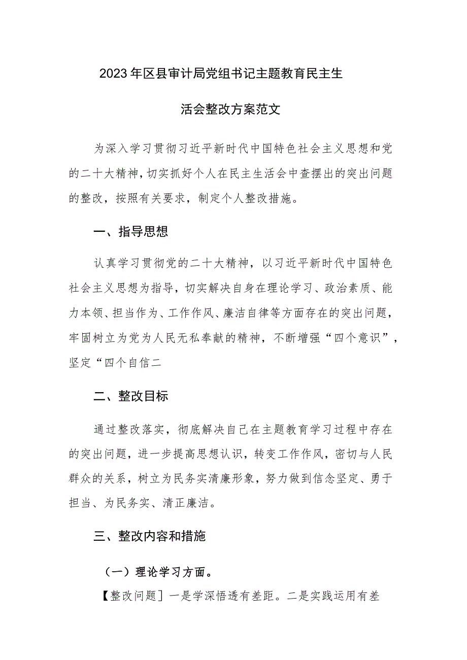 2023年区县审计局党组书记主题教育民主生活会整改方案范文.docx_第1页