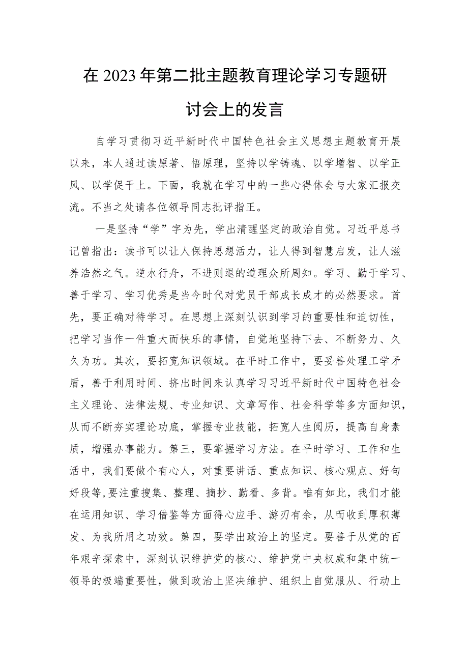 在2023年第二批主题教育理论学习专题研讨会上的发言.docx_第1页