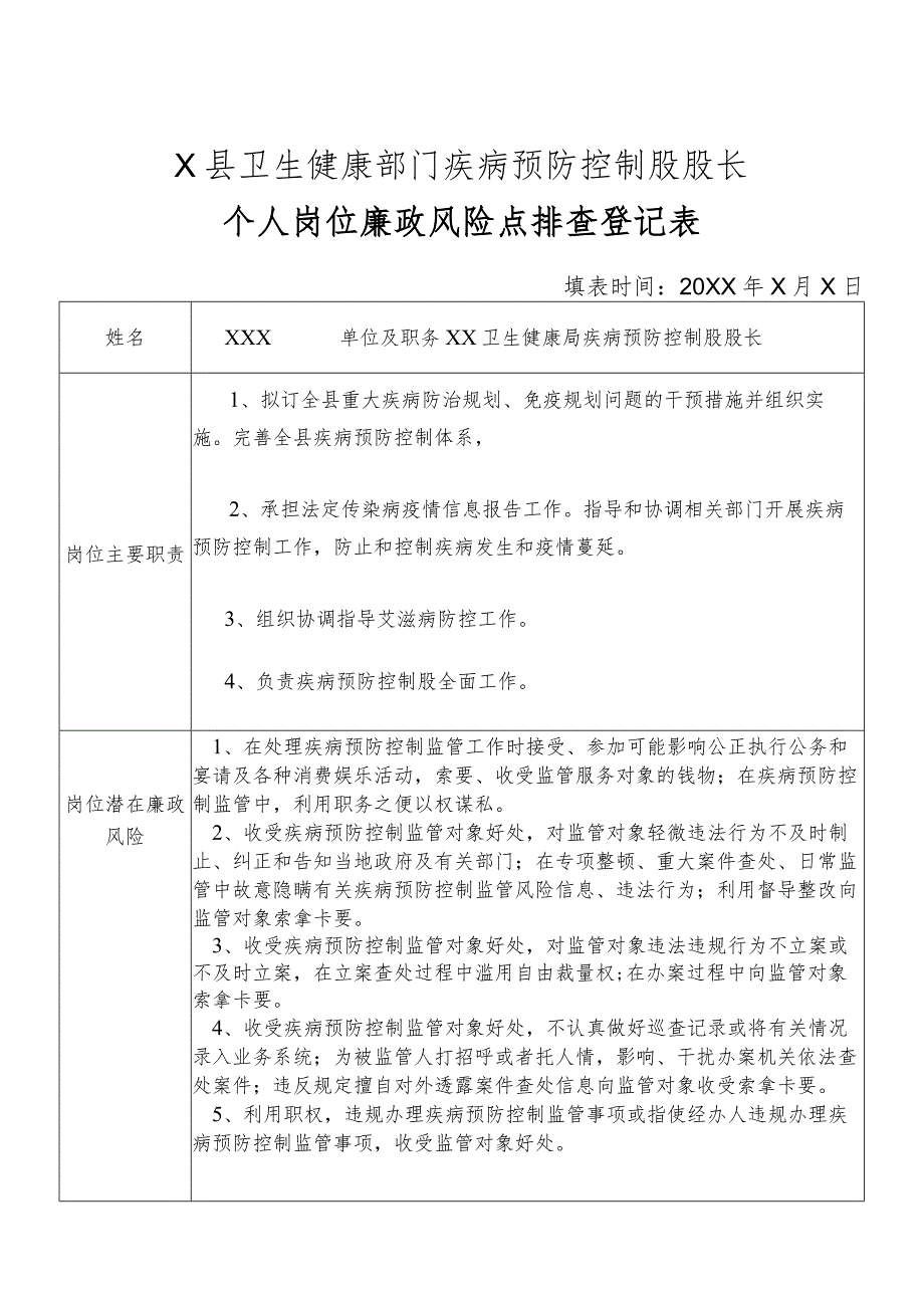 X县卫生健康部门疾病预防控制股股长个人岗位廉政风险点排查登记表.docx_第1页