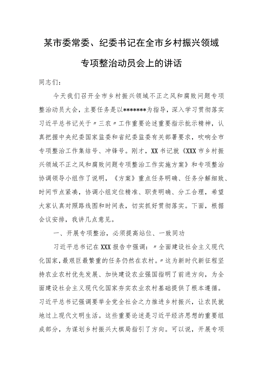 某市委常委、纪委书记在全市乡村振兴领域专项整治动员会上的讲话.docx_第1页