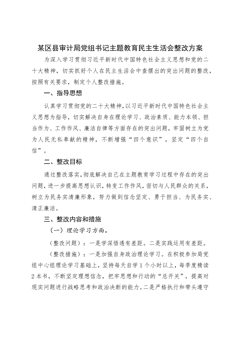 某区县审计局党组书记主题教育民主生活会整改方案.docx_第1页