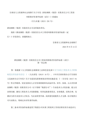 甘肃省人力资源和社会保障厅关于印发《酒泉钢铁(集团)有限责任公司工程系列职称评价条件标准(试行)》的通知.docx