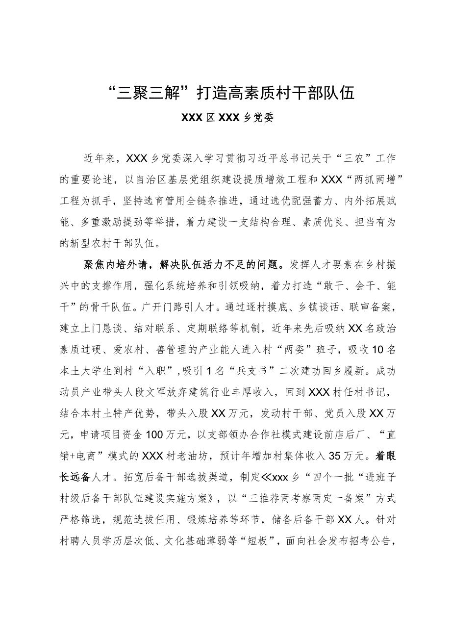 全市组织工作会议发言—乡党委：“三聚三解”打造高素质村干部队伍.docx_第1页