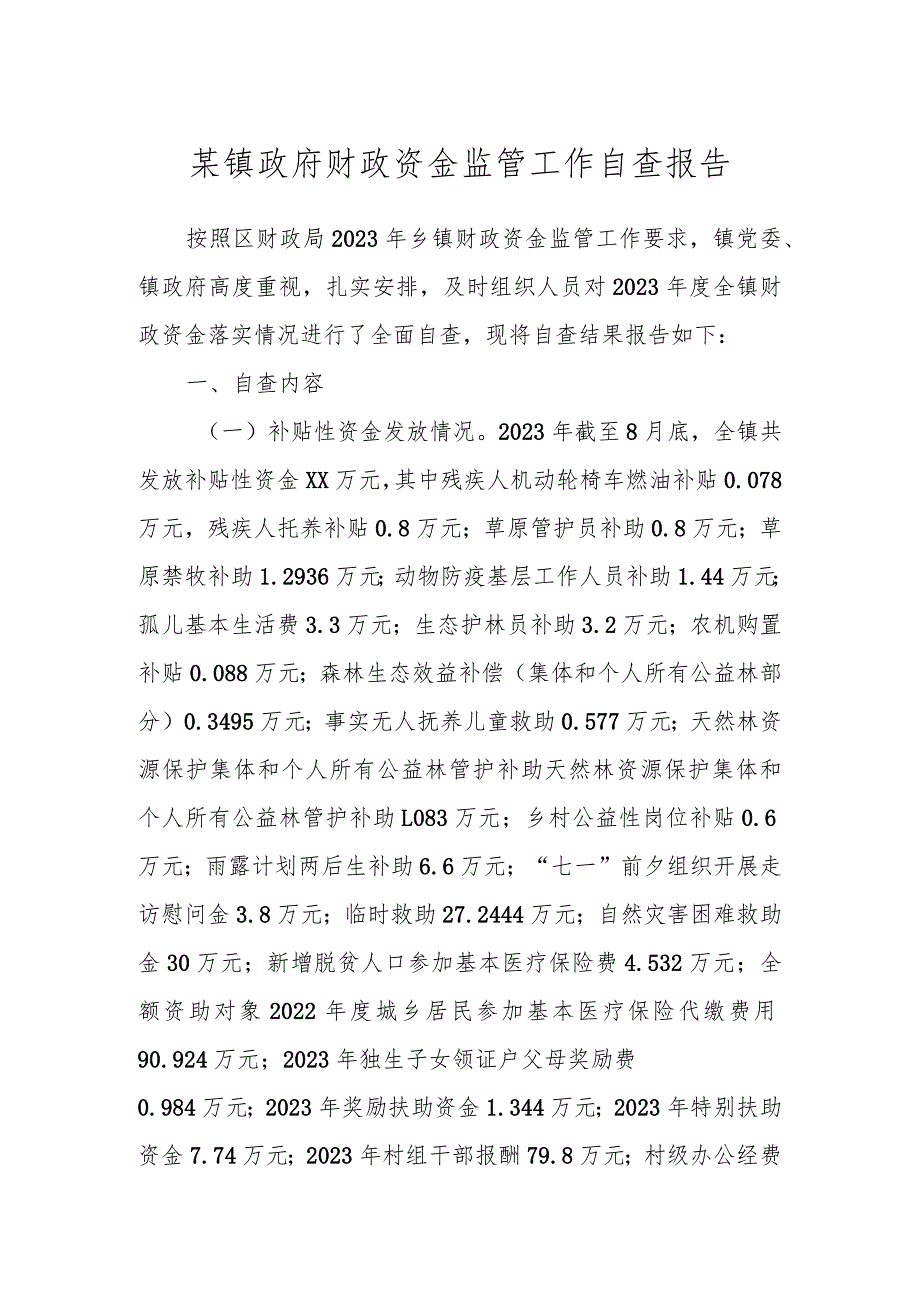 某镇政府财政资金监管工作自查报告.docx_第1页