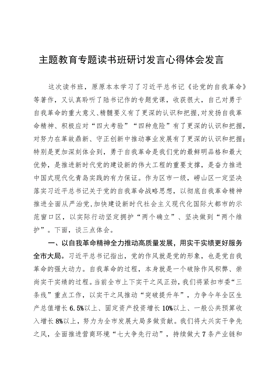 主题教育专题读书班研讨发言心得体会发言.docx_第1页