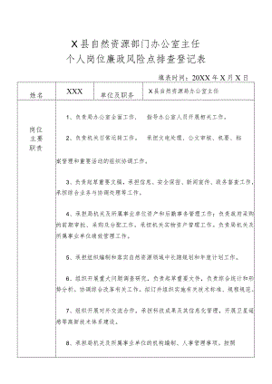 某县自然资源部门办公室主任个人岗位廉政风险点排查登记表.docx