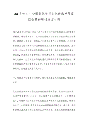 XX县长在中心组集体学习文化传承发展座谈会精神研讨发言材料.docx