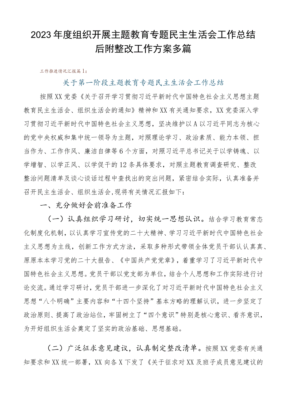 2023年度组织开展主题教育专题民主生活会工作总结后附整改工作方案多篇.docx_第1页