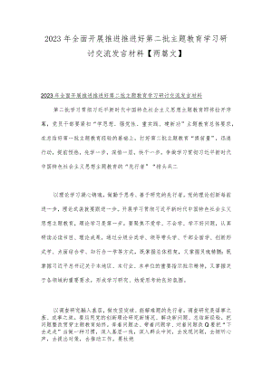 2023年全面开展推进推进好第二批主题教育学习研讨交流发言材料【两篇文】.docx