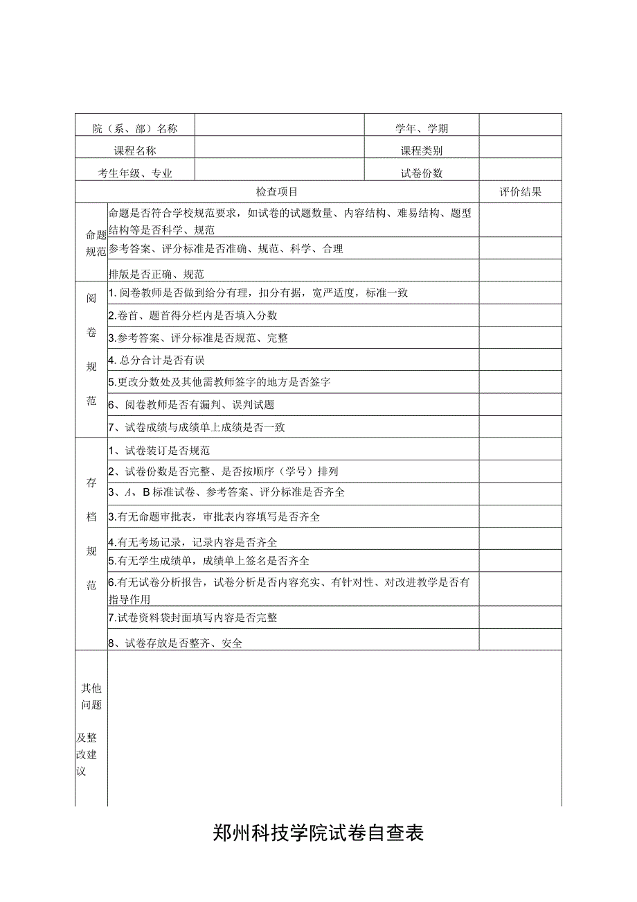 郑州科技学院试卷自查表.docx_第1页