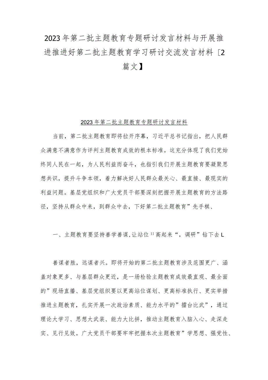 2023年第二批主题教育专题研讨发言材料与开展推进推进好第二批主题教育学习研讨交流发言材料【2篇文】.docx_第1页