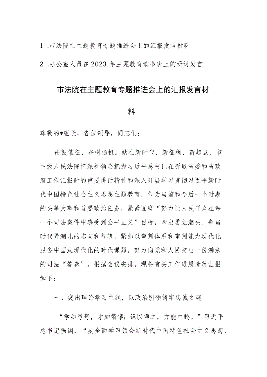 法院在主题教育专题推进会上的汇报发言材料范文.docx_第1页