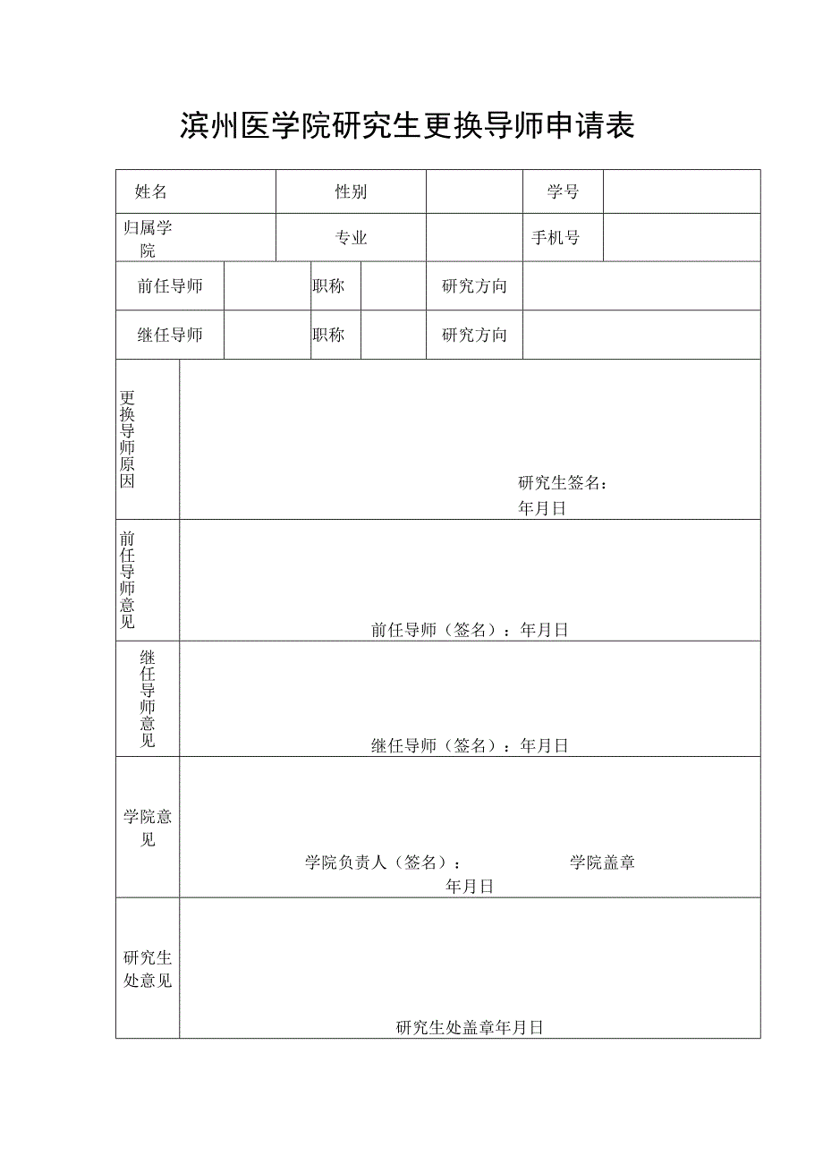 滨州医学院研究生更换导师申请表.docx_第1页