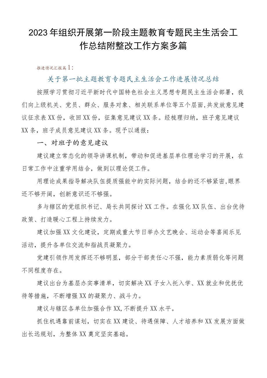 2023年组织开展第一阶段主题教育专题民主生活会工作总结附整改工作方案多篇.docx_第1页