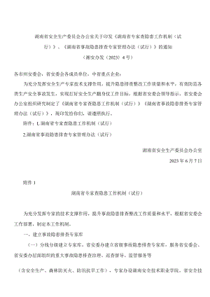 湖南省安全生产委员会办公室关于印发《湖南省专家查隐患工作机制(试行)》、《湖南省事故隐患排查专家管理办法(试行)》的通知.docx