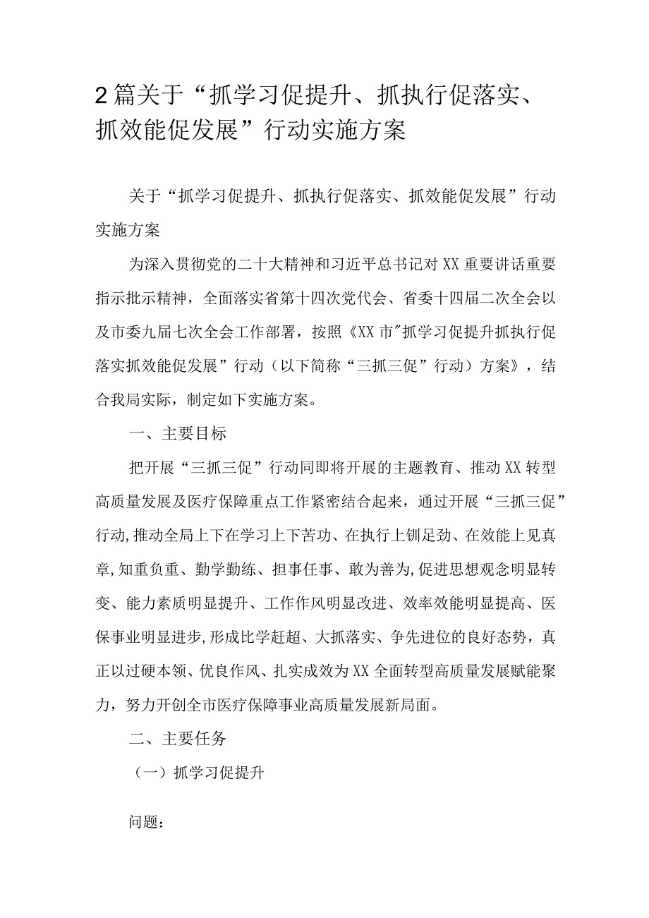 2篇关于“抓学习促提升、抓执行促落实、抓效能促发展”行动实施方案.docx_第1页