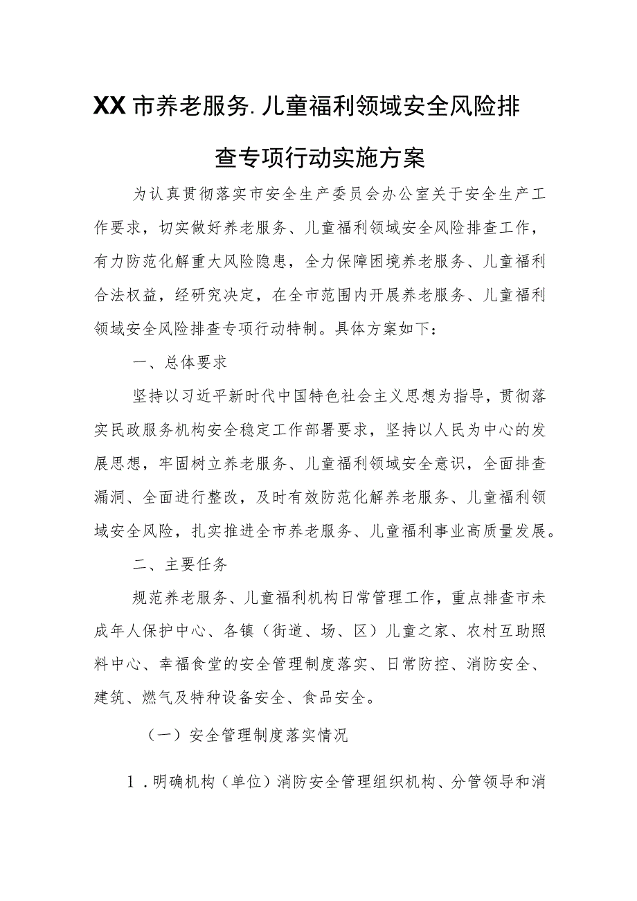 XX市养老服务、儿童福利领域安全风险排查专项行动实施方案.docx_第1页