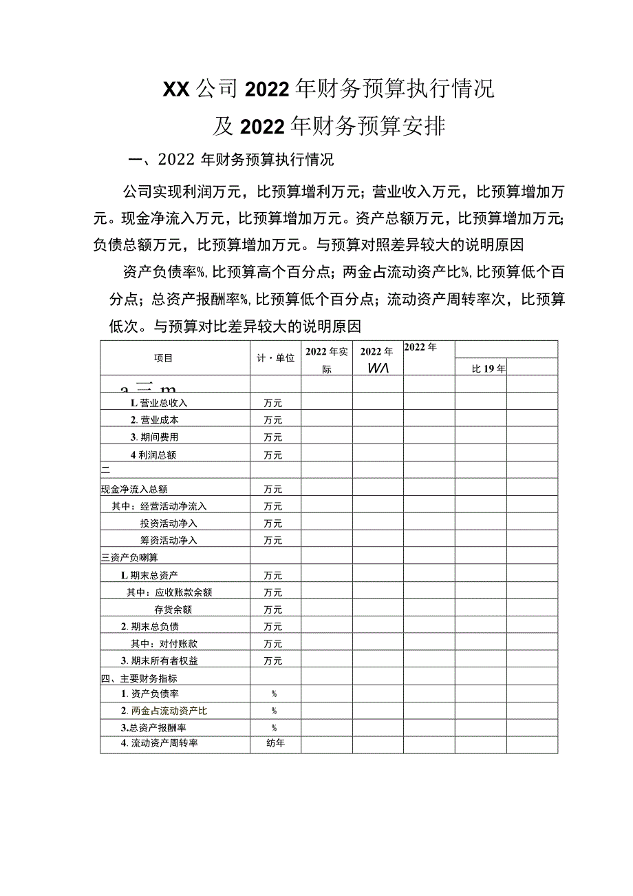 财务预算执行情况及次年财务预算安排(模板).docx_第1页