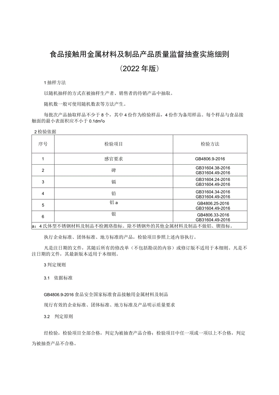 食品接触用金属材料及制品产品质量监督抽查实施细则（2022年版）.docx_第1页