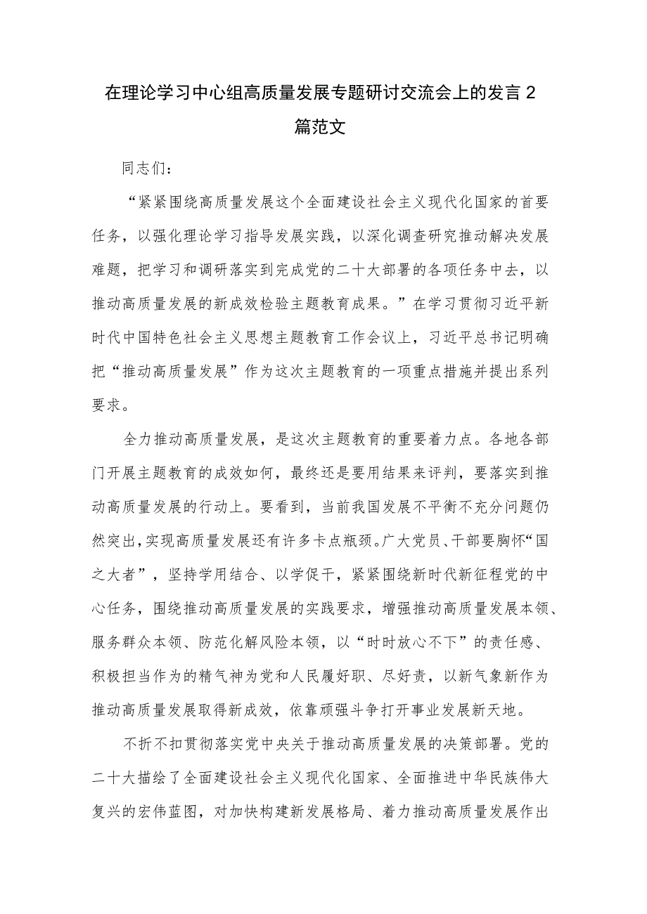 在理论学习中心组高质量发展专题研讨交流会上的发言2篇范文.docx_第1页