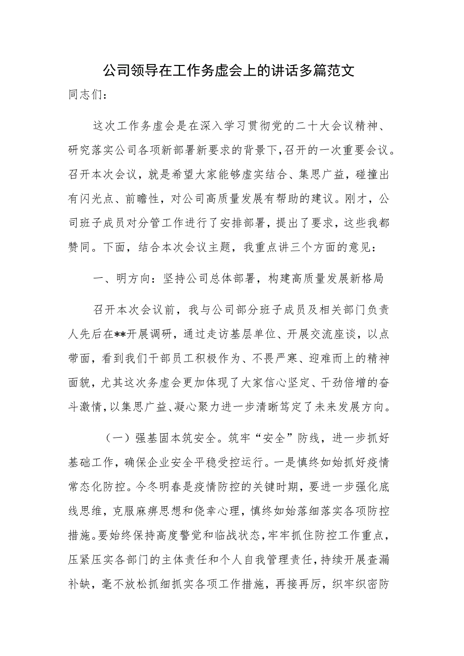 公司领导在工作务虚会上的讲话多篇范文.docx_第1页