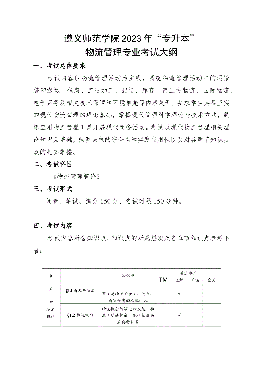 遵义师范学院2023年“专升本”物流管理专业考试大纲.docx_第1页