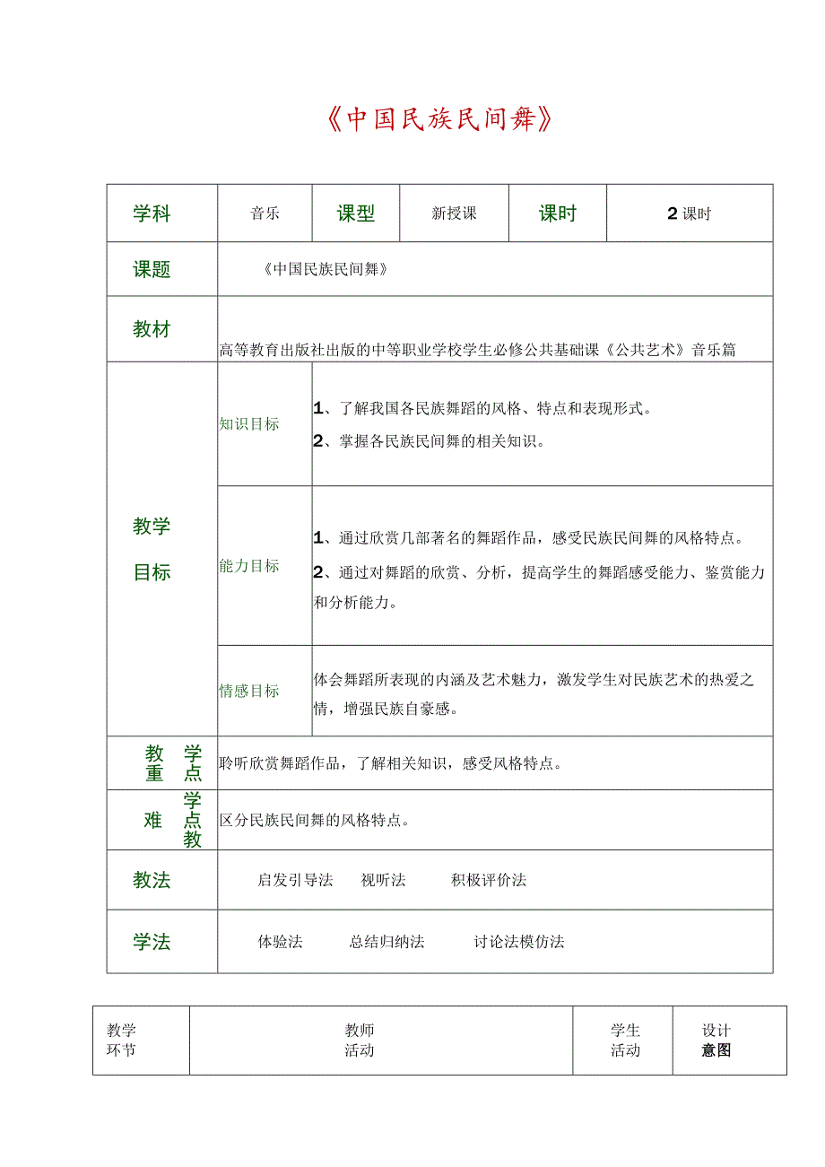 公共艺术(高教版-音乐篇-)教案-第四单元--舞蹈的魅力-第二节-中国民族民间舞.docx_第1页