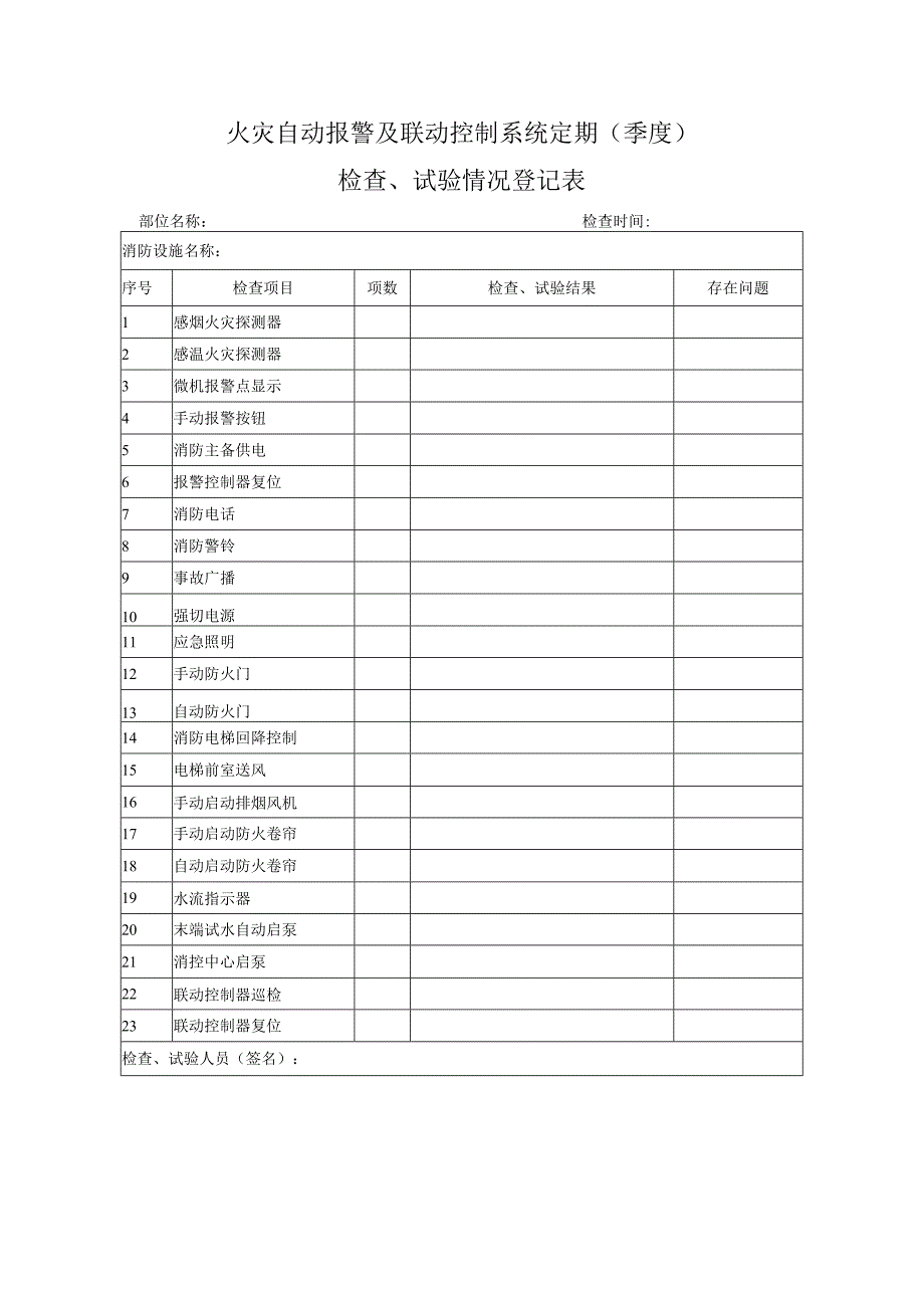 火灾自动报警及联动控制系统定期（季度）检查、试验情况登记表.docx_第1页