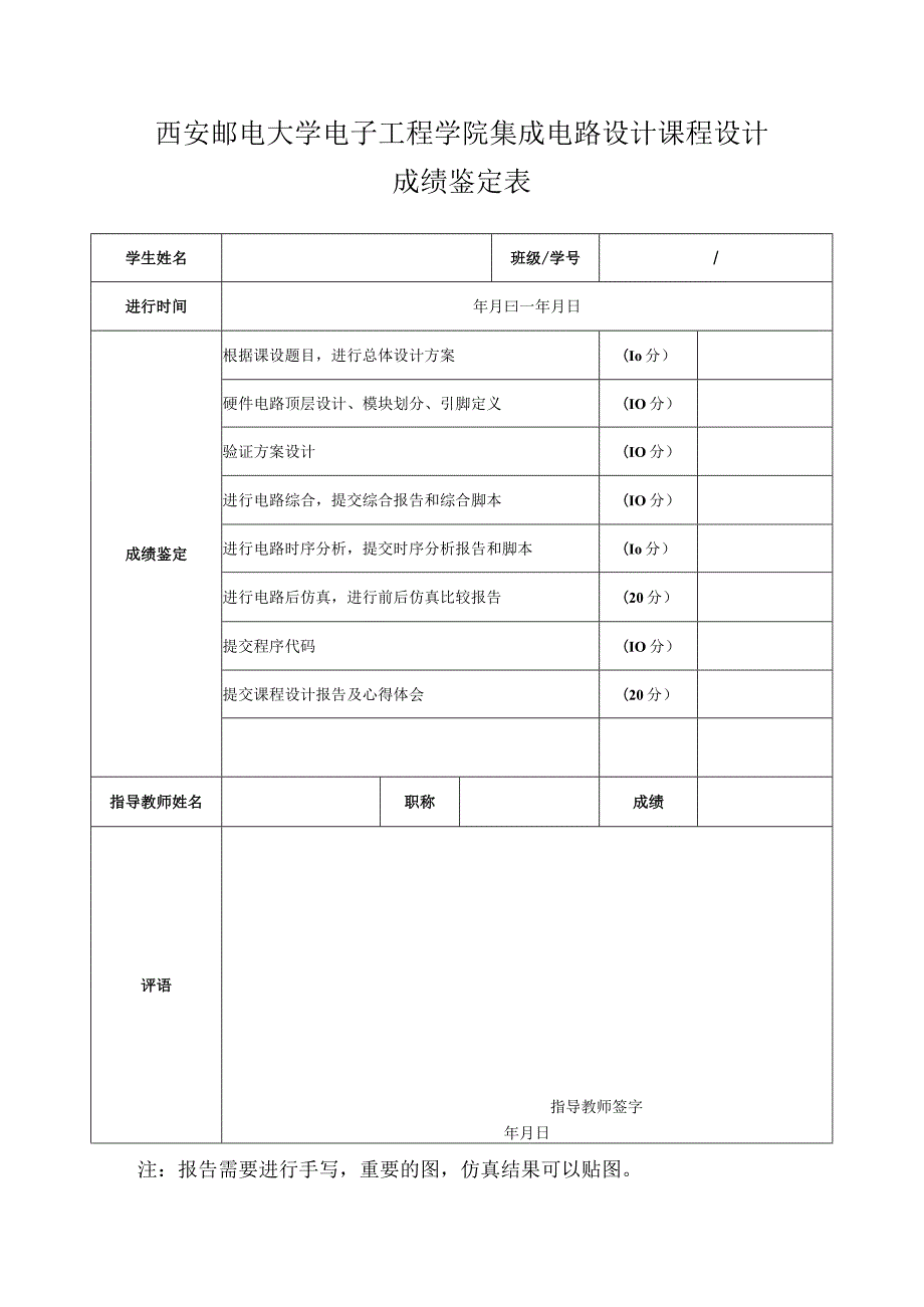 西安邮电大学电子工程学院集成电路设计课程设计成绩鉴定表.docx_第1页