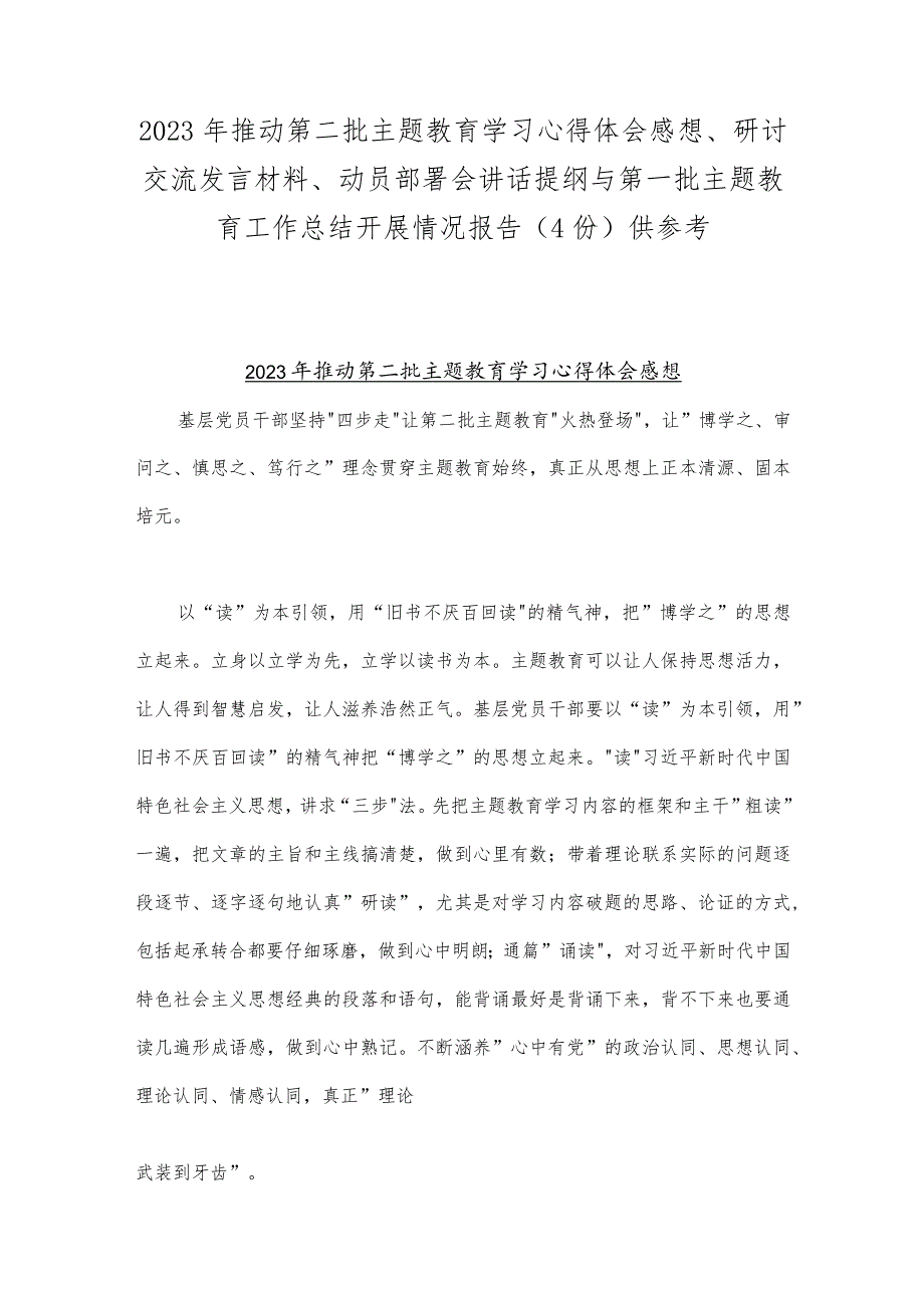 2023年推动第二批主题教育学习心得体会感想、研讨交流发言材料、动员部署会讲话提纲与第一批主题教育工作总结开展情况报告（4份）供参考.docx_第1页